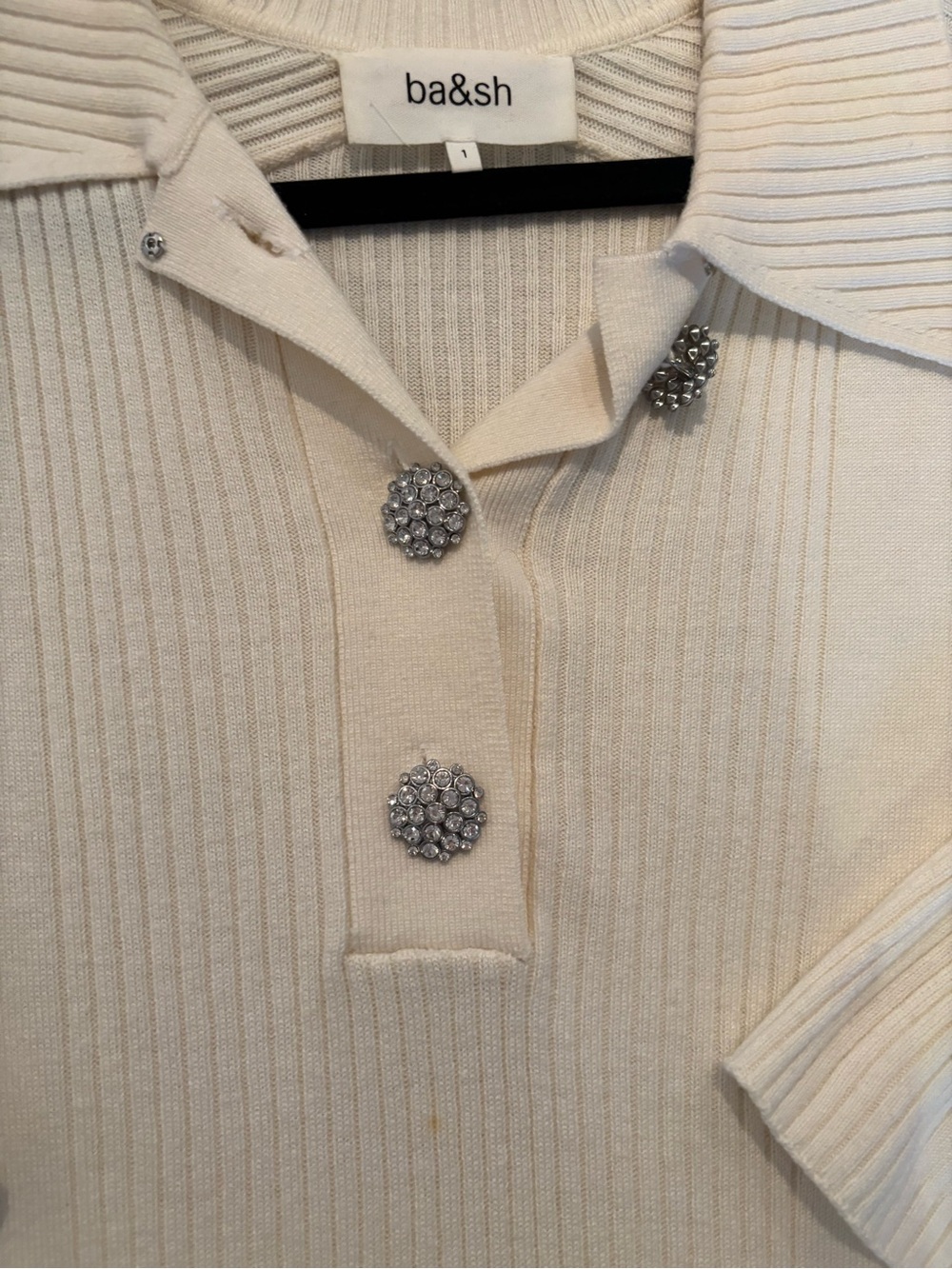 ba&sh Cream Ribbed Polo Sweater with Rhinestone Buttons - Picture 6 of 9